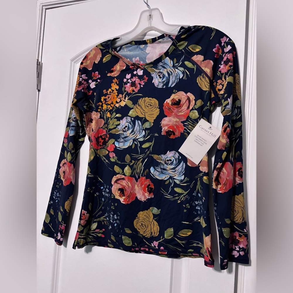 NWT Garnet Hill Navy Floral Long-Sleeve Shirt Swimwear XS - Picture 3 of 9